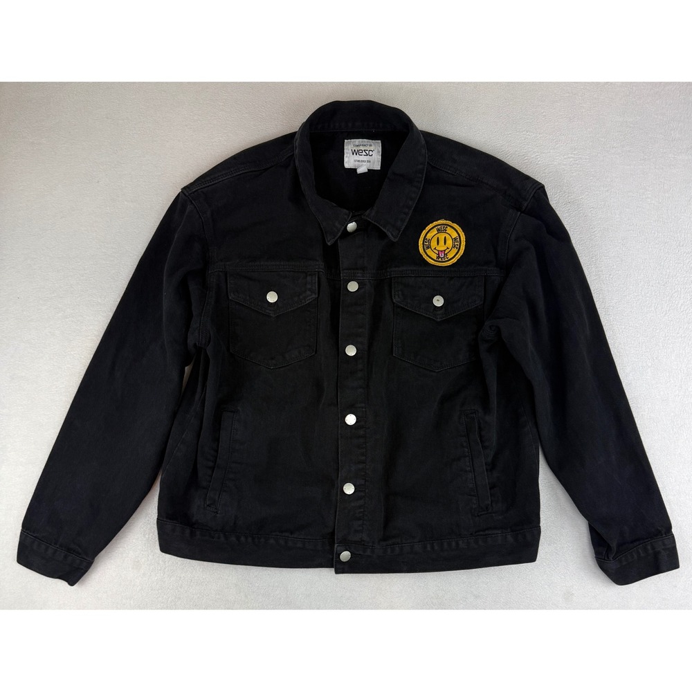 WeSC Denim Trucker Jacket Mens XL Black Smiley Face Patch Streetwear